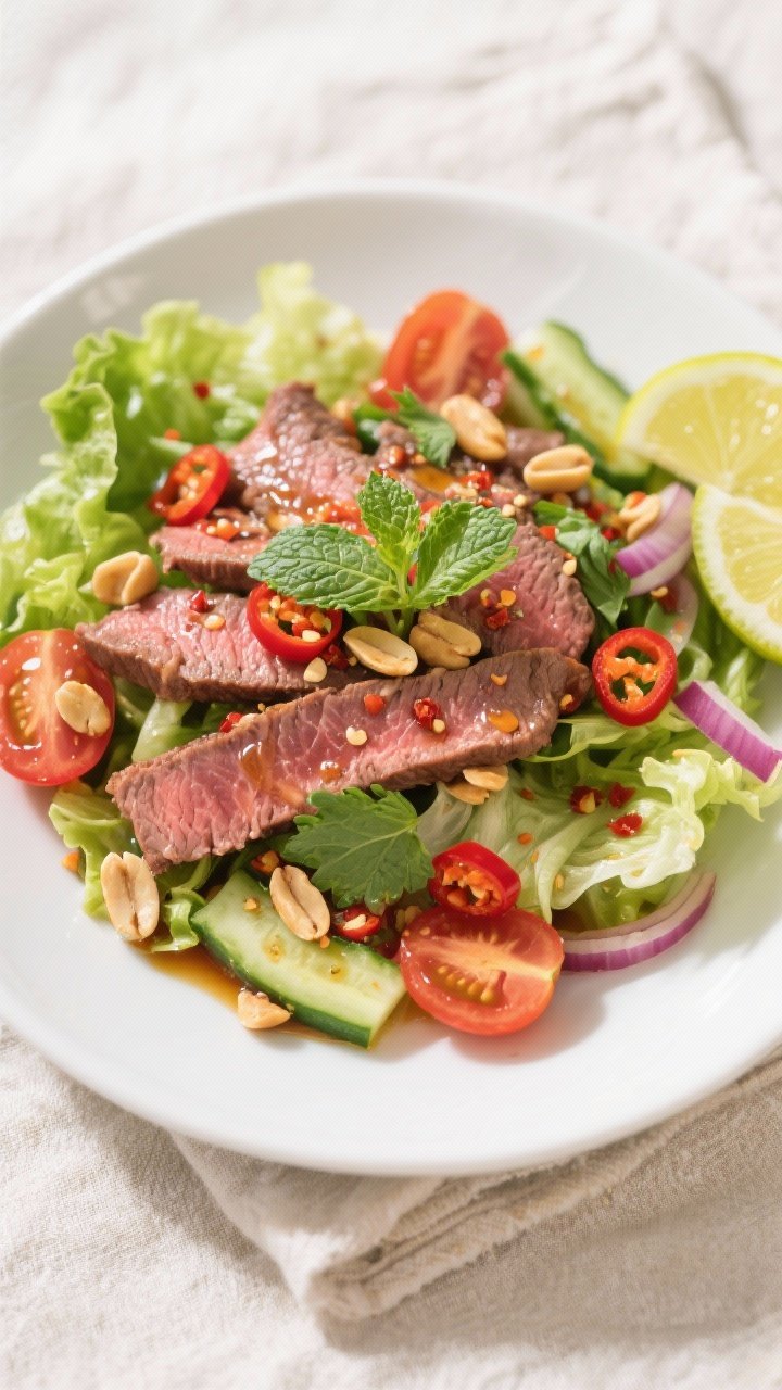 Tasty top view: Overhead shot of spicy beef salad just tossed—thin slices of medium-rare steak fan