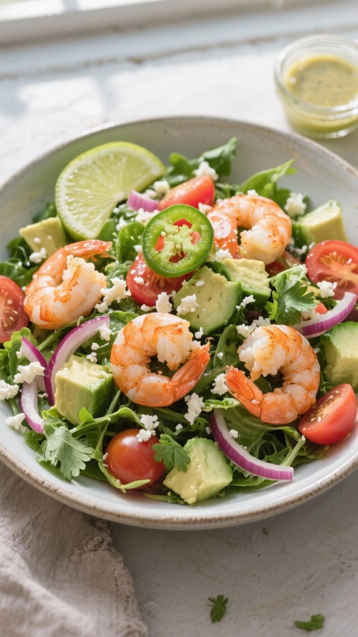 Tasty top view: Overhead shot of the assembled Zesty Lime Shrimp Salad in a wide shallow bowl—mixe