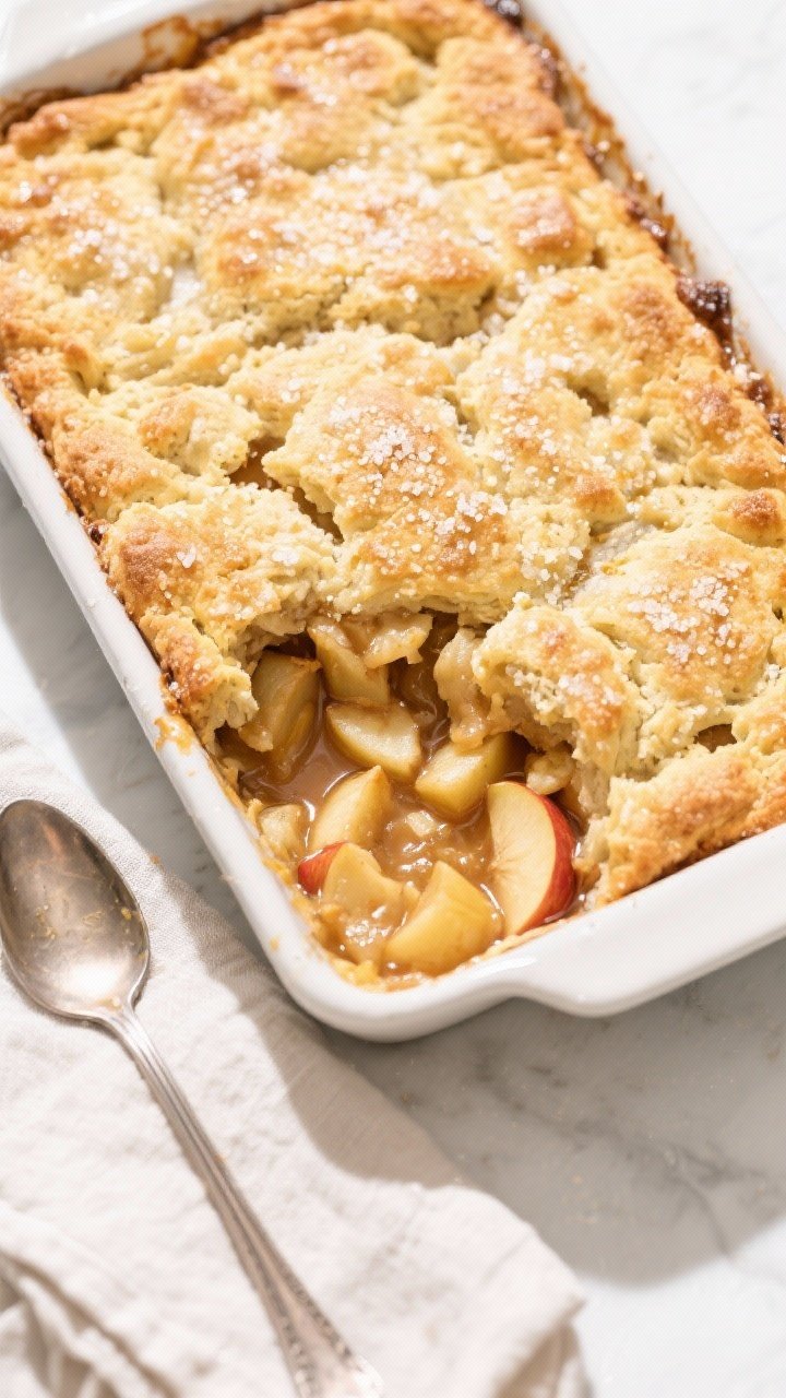 Tasty top view: Overhead shot of the baked 9x13 pan of apple cobbler with an even, deeply golden bis