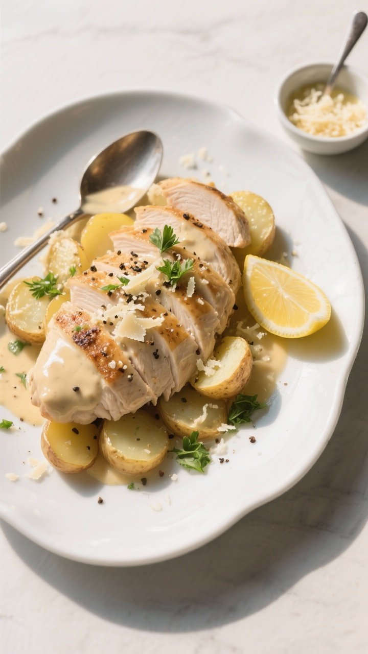 Tasty top view: Overhead shot of the final plated dish—sliced juicy chicken breast fanned over but