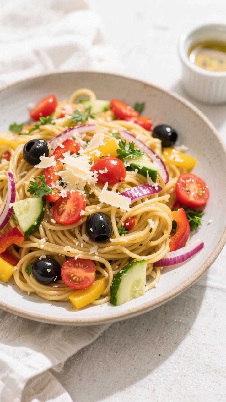 Tasty top view — Overhead shot of the fully tossed California spaghetti salad in a wide, shallow s