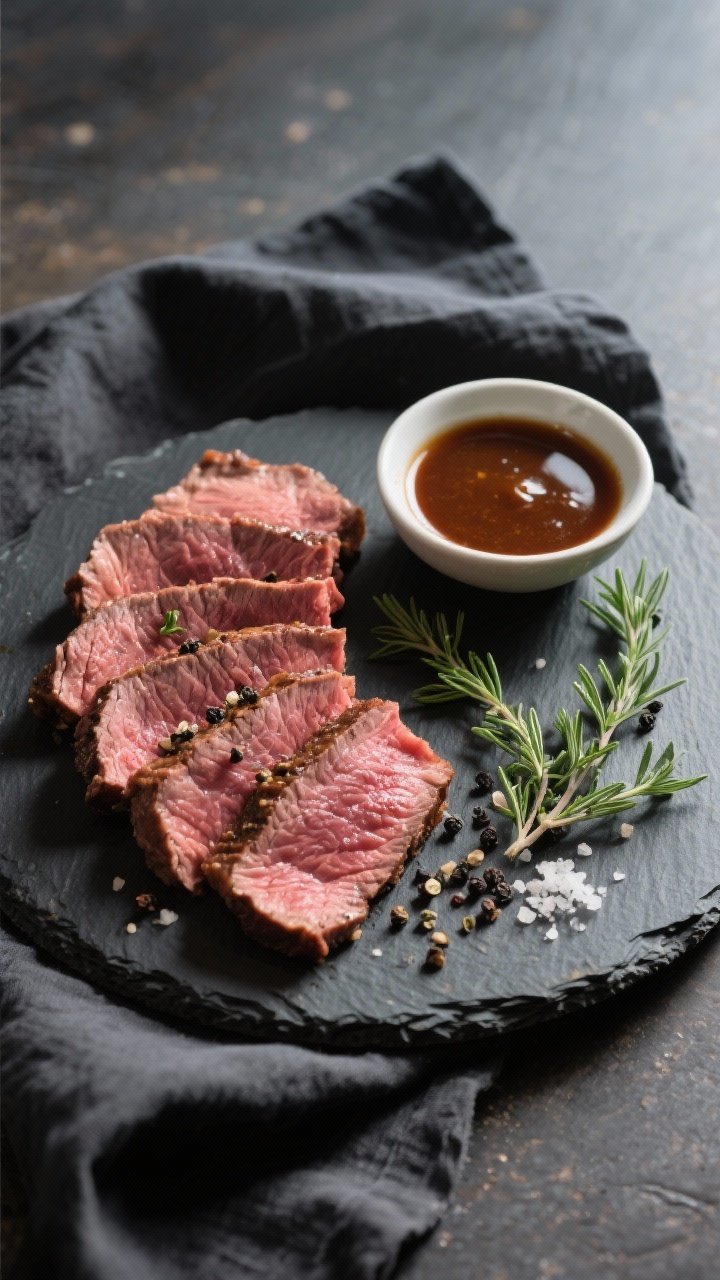 Tasty top view: Overhead shot of thinly sliced medium-rare roast beef fanned on a dark slate platter