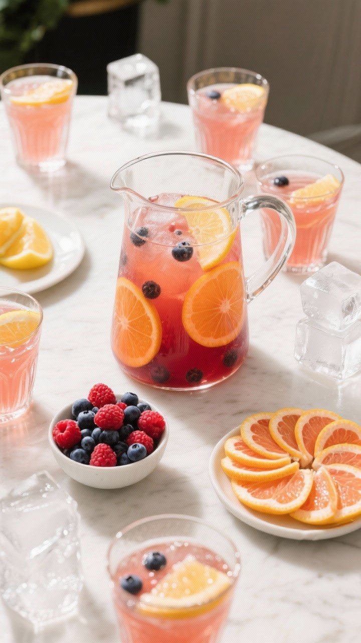 Tasty top view: Overhead spread of a brunch scene centered on a clear pitcher of the finished punch,