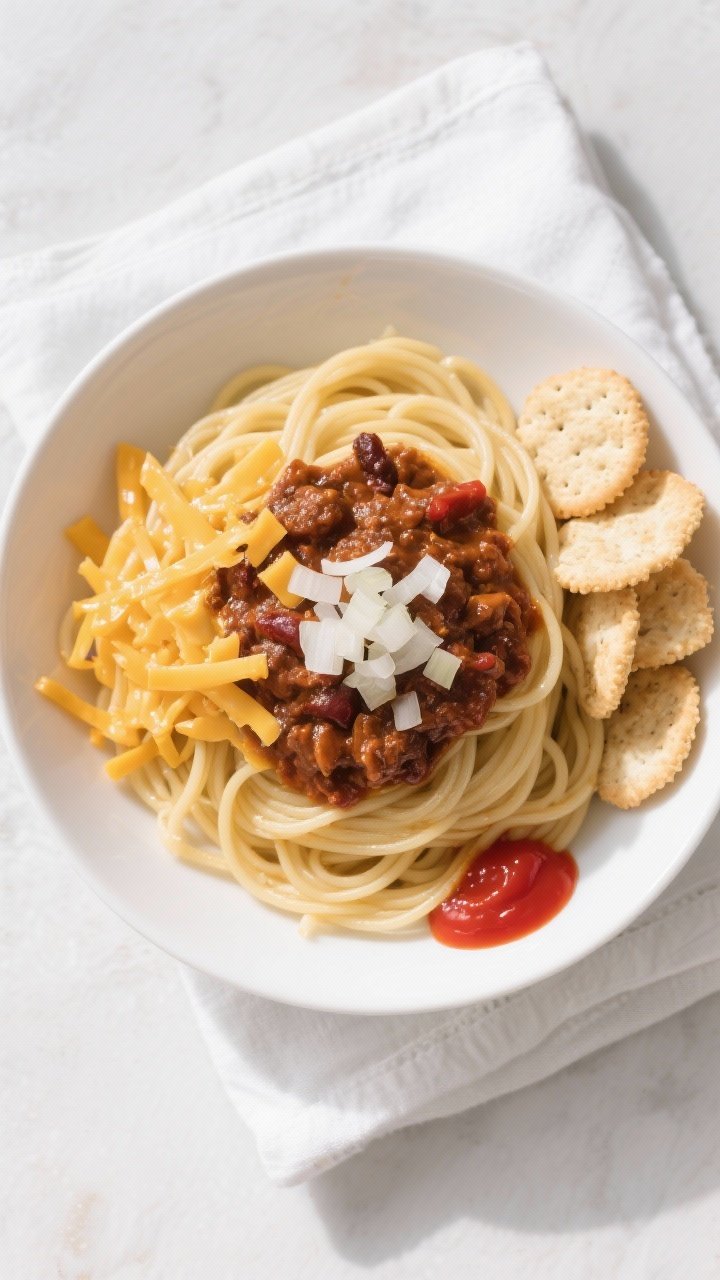 Tasty top view — spaghetti with chili and classic toppings: Overhead shot of a shallow white bowl 