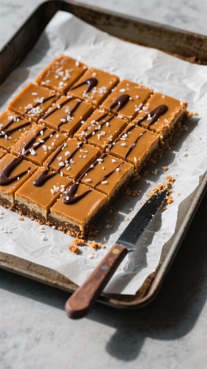 Tasty top view: Top-down image of the set slab lifted from the pan on parchment, sliced into neat sq