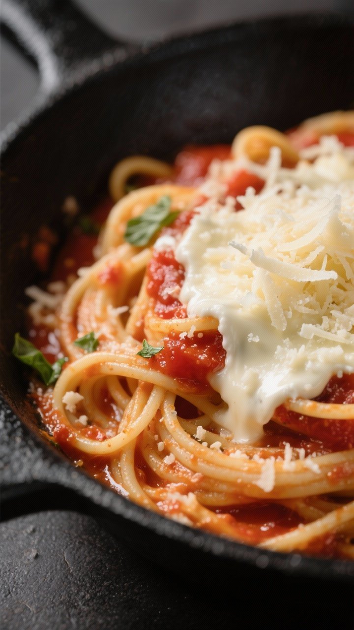 Cheese-melt detail: Extreme close-up of hot spaghetti as shredded mozzarella and grated Parmesan are