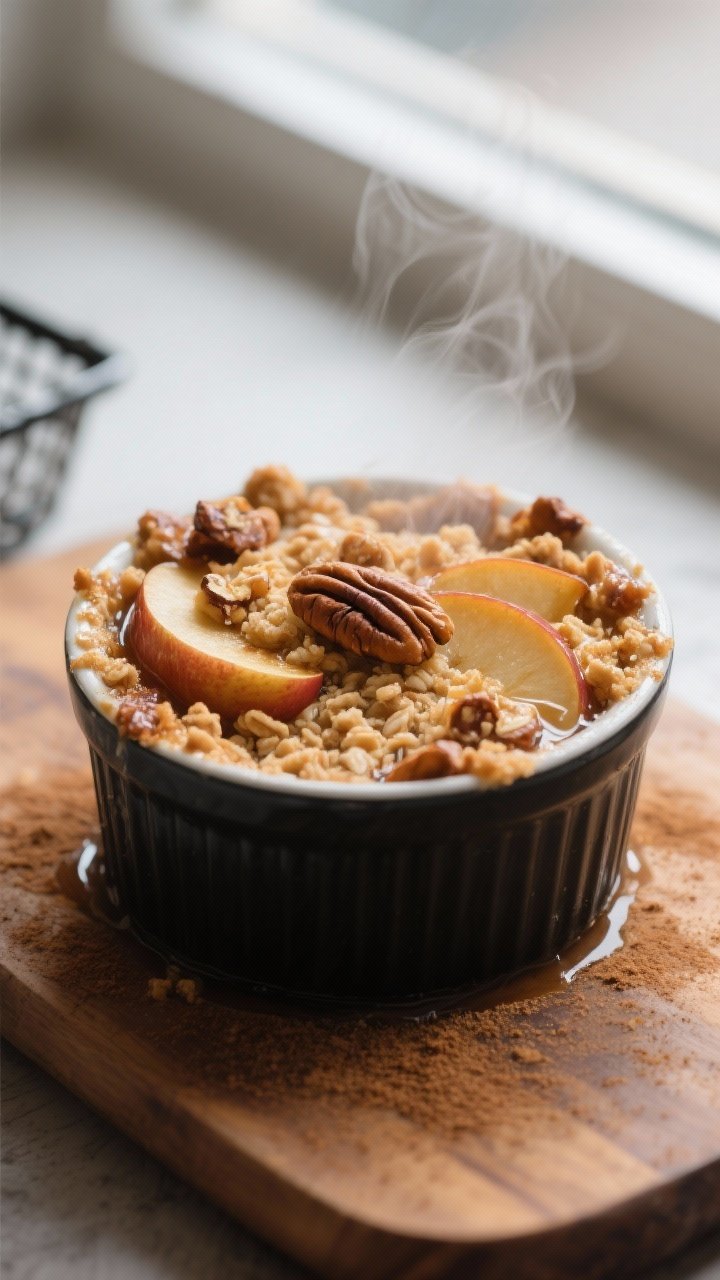 Close-up detail: A bubbling air fryer apple crisp just out of the basket, showing tender, caramelize