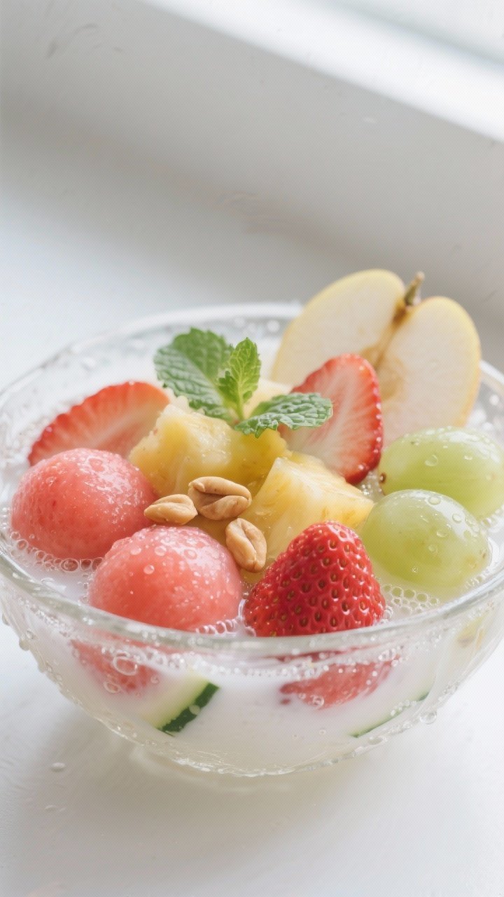 Close-up detail: A chilled glass bowl of prepared Korean hwachae, showing glossy watermelon balls, s