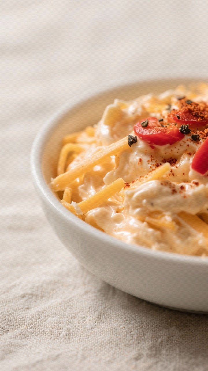 Close-up detail: A creamy bowl of finished Southern pimento cheese just after chilling, showing ribb