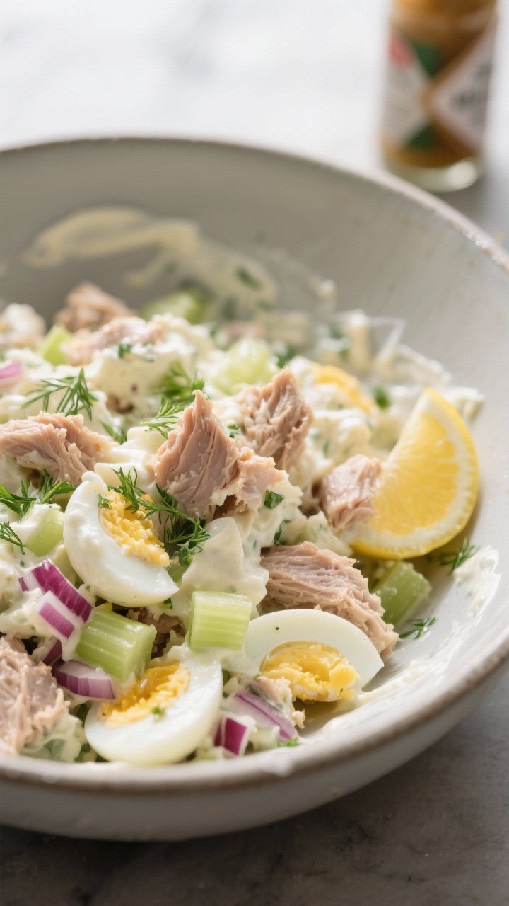Close-up detail: A creamy tuna and egg salad being gently folded in a matte ceramic mixing bowl, sho