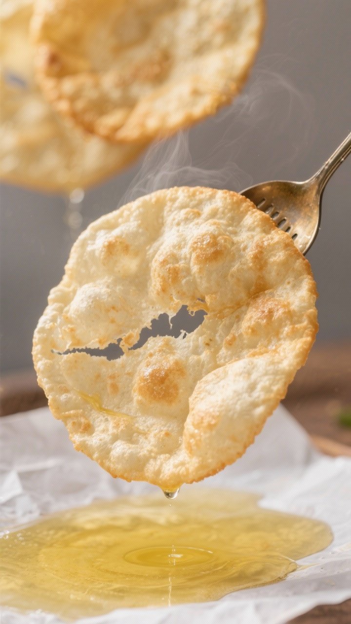Close-up detail: A freshly fried, puffed luchi just lifted from hot ghee-oil mix, pale golden and gl