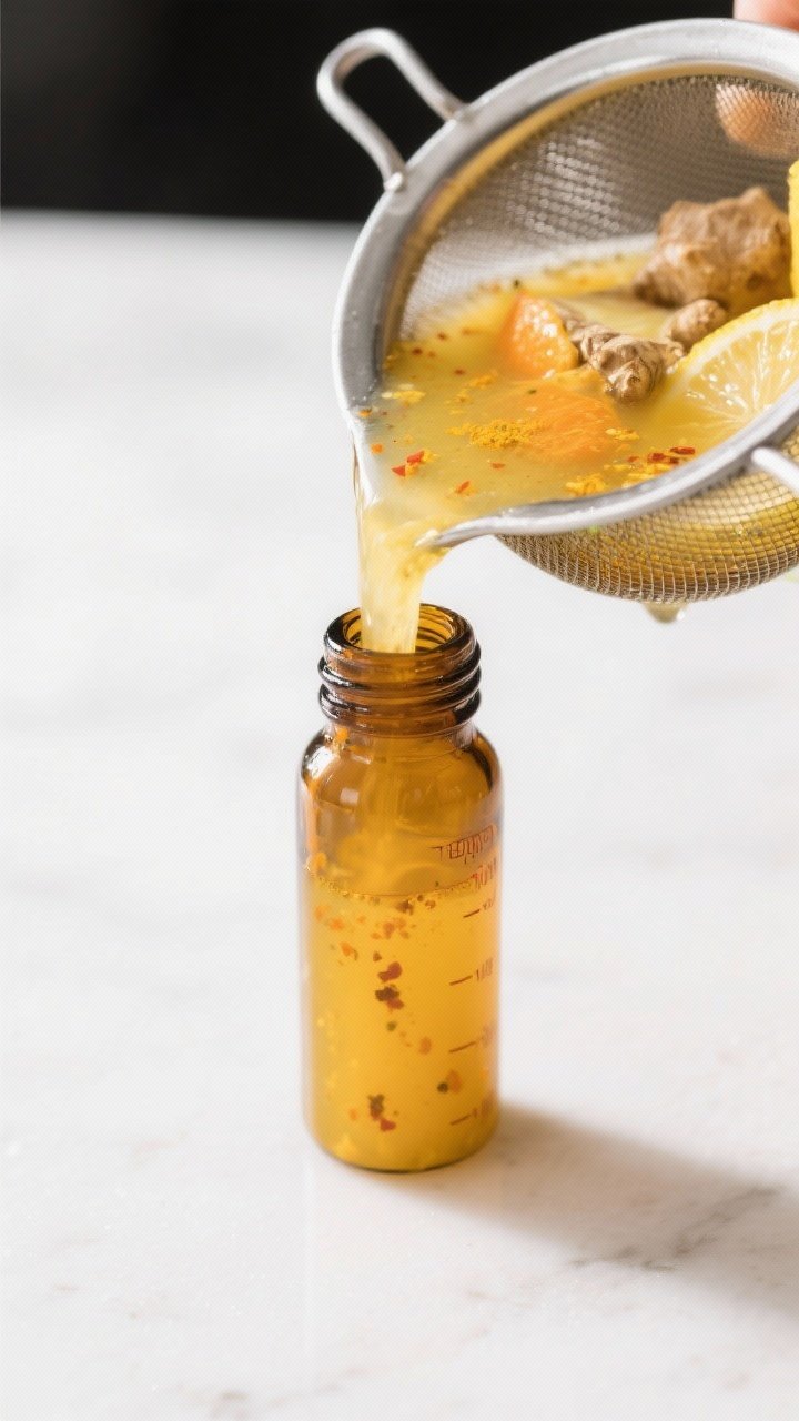 Close-up detail: A freshly strained ginger shot being poured from a glass measuring cup into a small