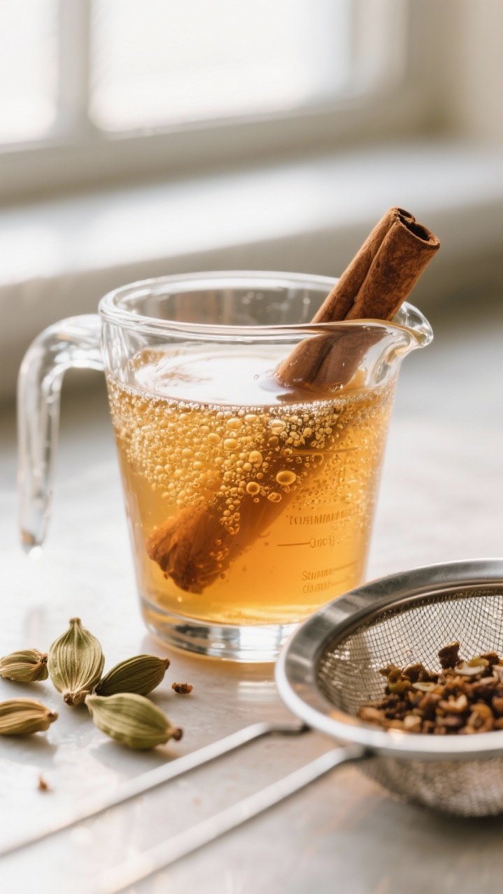 Close-up detail: A gleaming glass measuring cup filled with freshly strained Spiced Pear Cardamom Sh