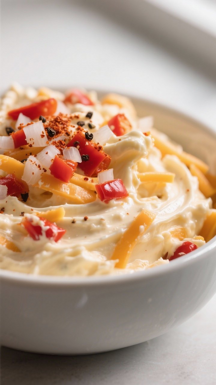 Close-up detail: A glossy bowl of freshly mixed pimento cheese, showing creamy folds of mayo-cream c