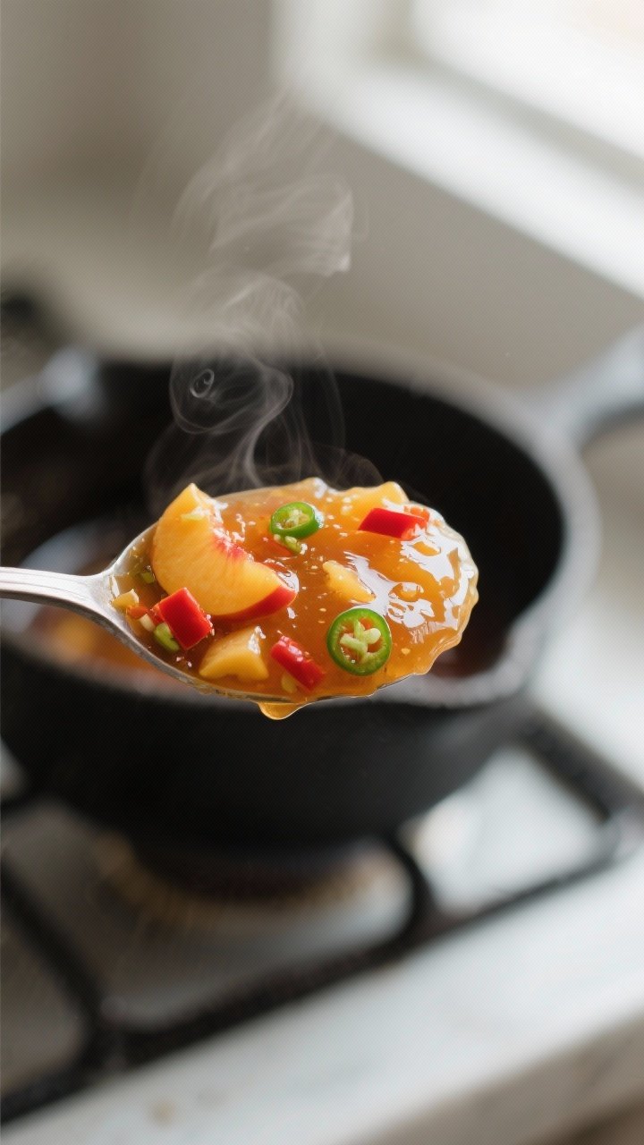 Close-up detail: A glossy spoonful of peach pepper jam just off the heat, showing translucent golden