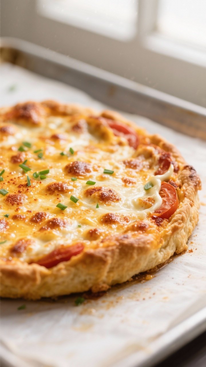 Close-up detail: A golden-bubbly top of Southern tomato pie just out of the oven, showing the creamy