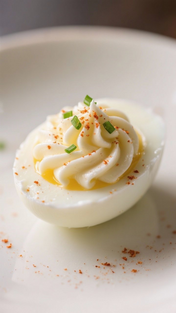 Close-up detail: A halved, fully cooked hard-boiled egg white cradle filled with ultra-smooth, cream