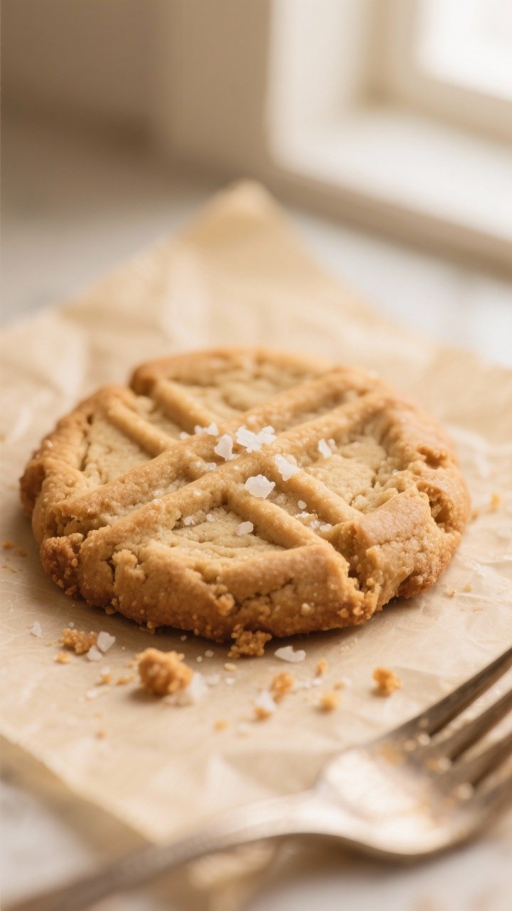 Close-up detail: A just-baked peanut butter cookie with a pronounced fork crisscross pattern, edges 