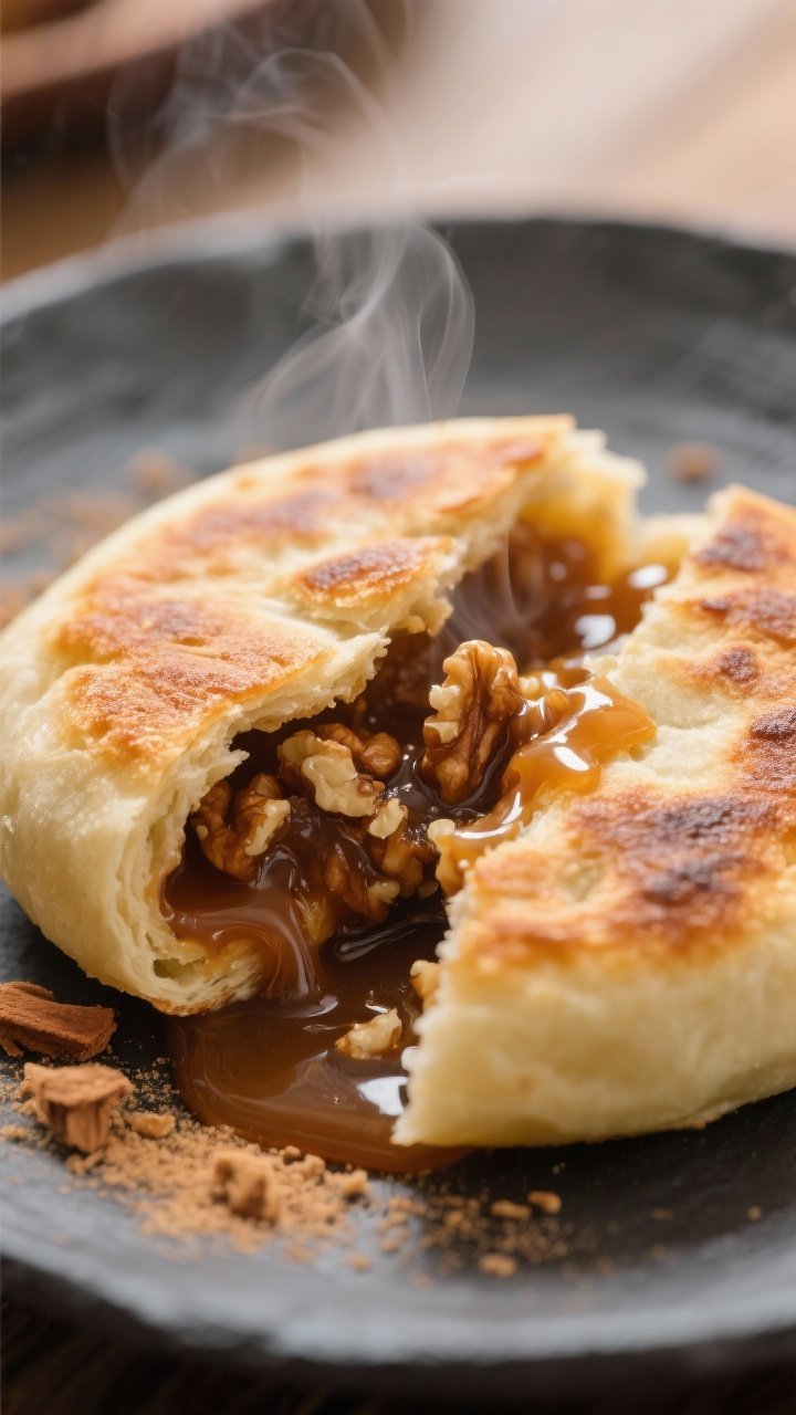 Close-up detail: A just-cooked hotteok torn open to reveal a molten brown sugar–cinnamon syrup cen