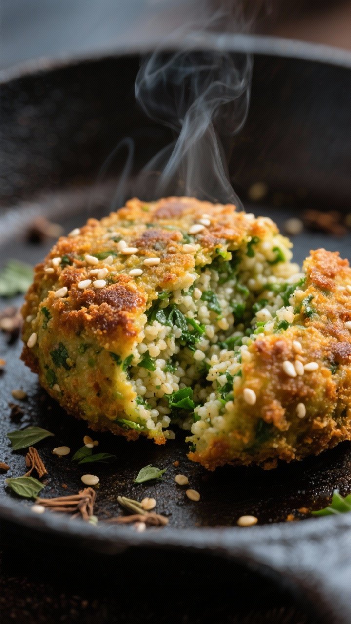 Close-up detail: A just-fried falafel patty cracked open to reveal a vibrant green, herby interior w
