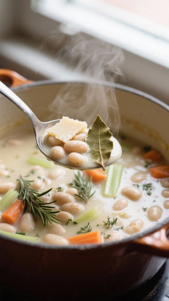 Close-up detail: A ladle lifting creamy Tuscan white bean soup from a Dutch oven mid-simmer, showing