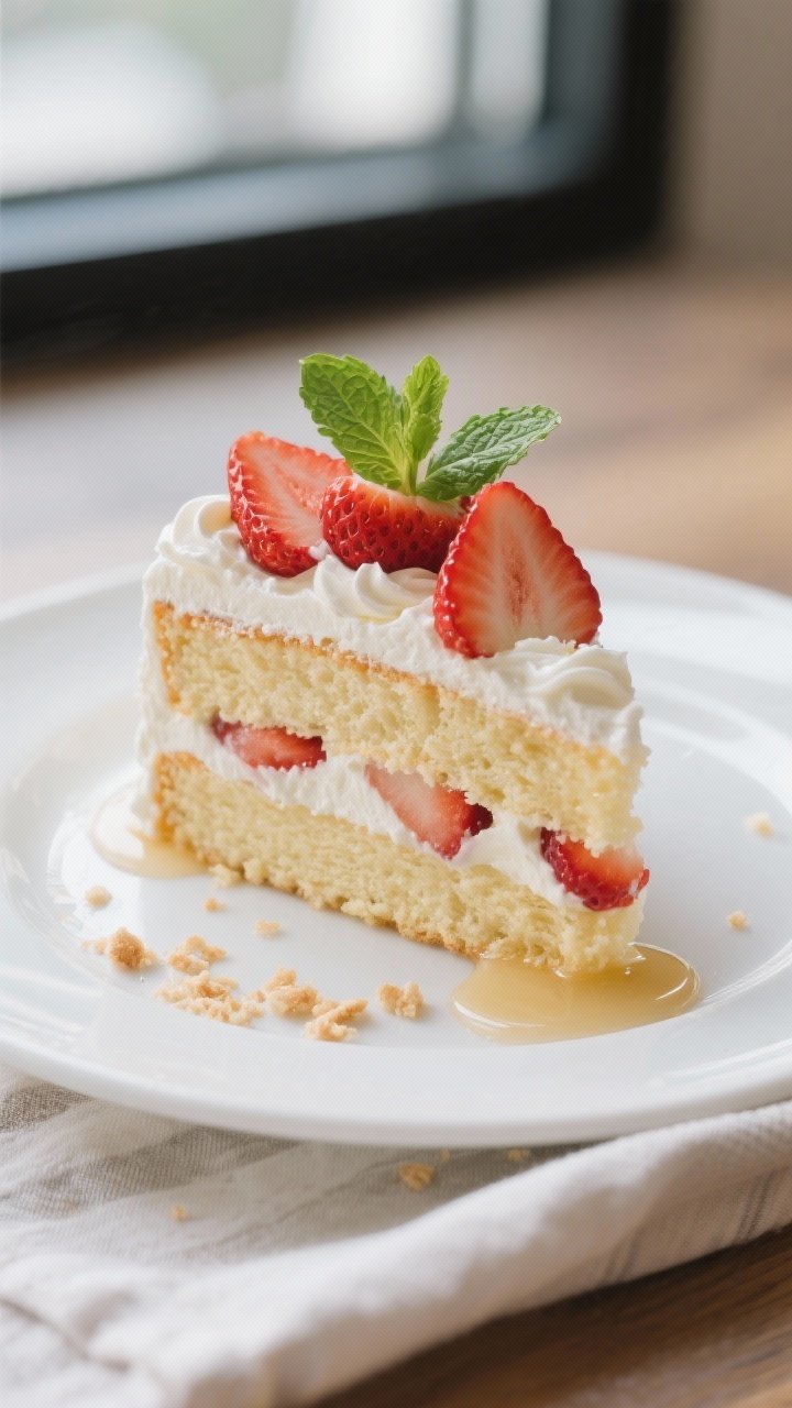 Close-up detail: A slice of strawberry shortcake layer cake just cut, showing soft vanilla sponge so