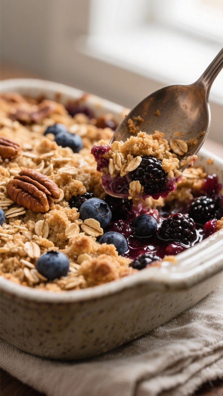 Close-up detail: A spoon breaking into a freshly baked mixed-berry crisp, revealing bubbling blueber