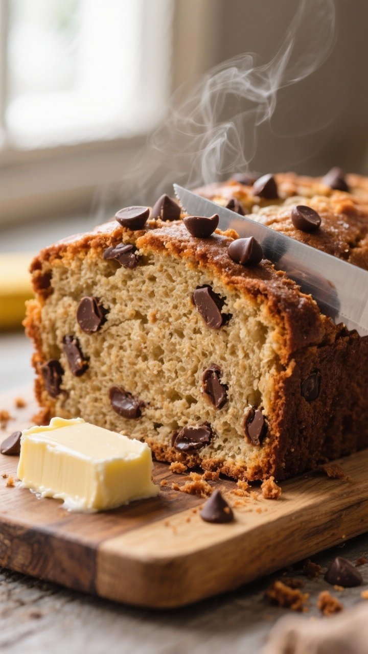 Close-up detail: A thick slice of super moist chocolate chip banana bread just cut, showing tender c