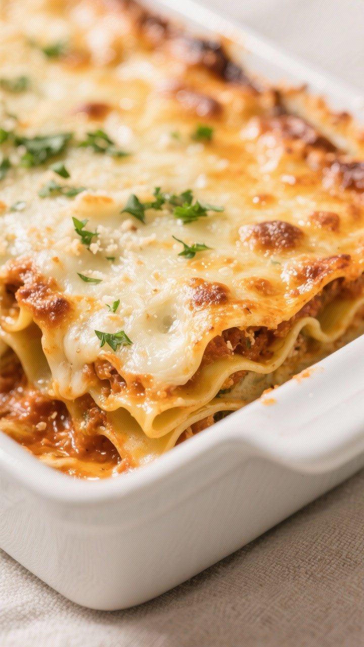 Close-up detail: A tight macro shot of a freshly baked lasagna corner just out of the oven, top laye