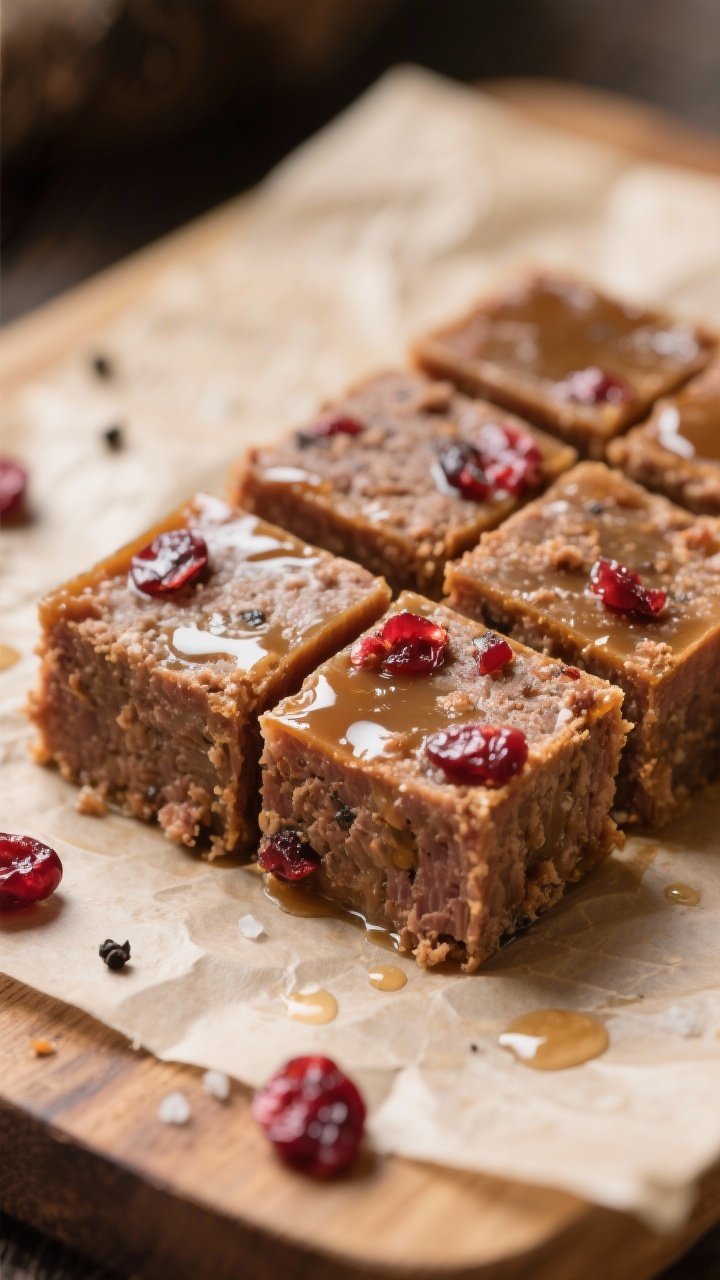 Close-up detail: A tight macro shot of freshly set pemmican bars sliced into clean squares, showing 