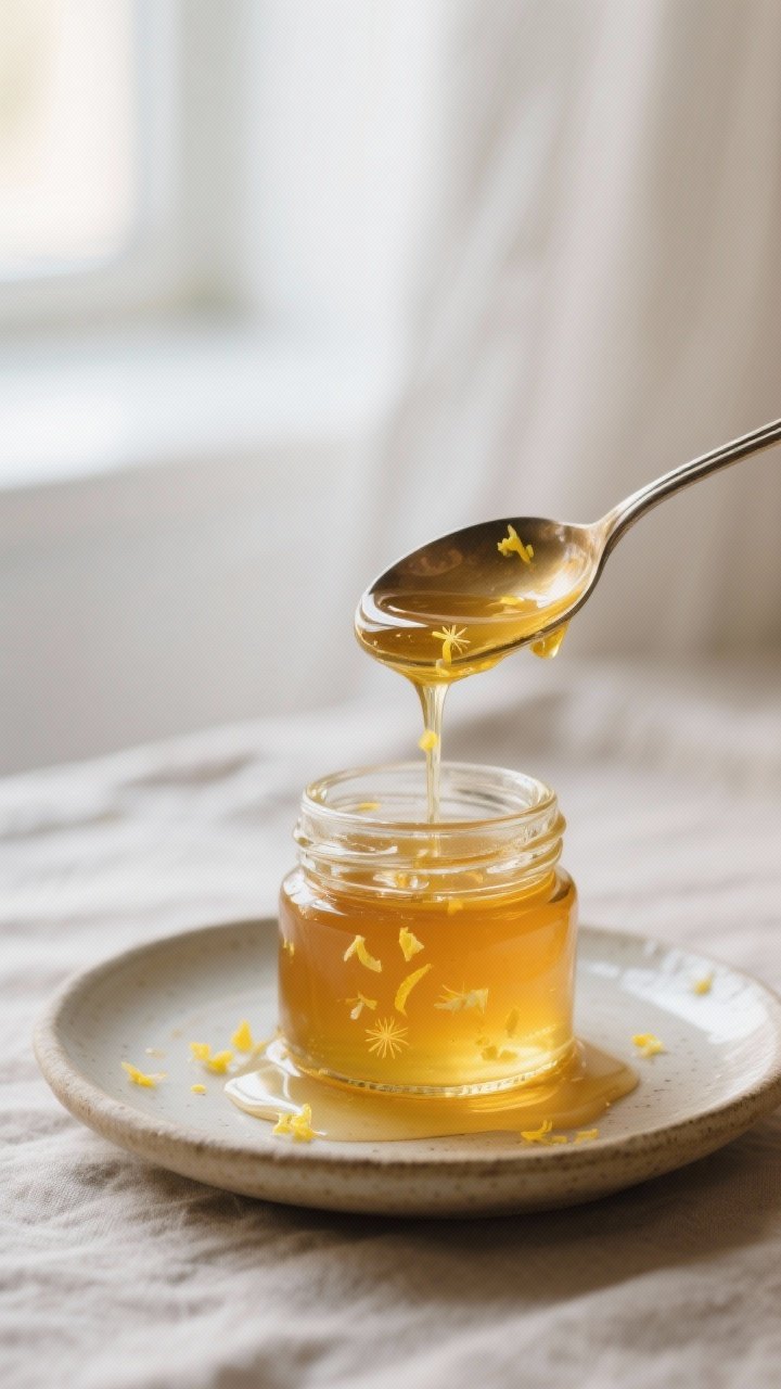 Close-up detail: A warm, golden ribbon of finished dandelion honey syrup being drizzled from a spoon