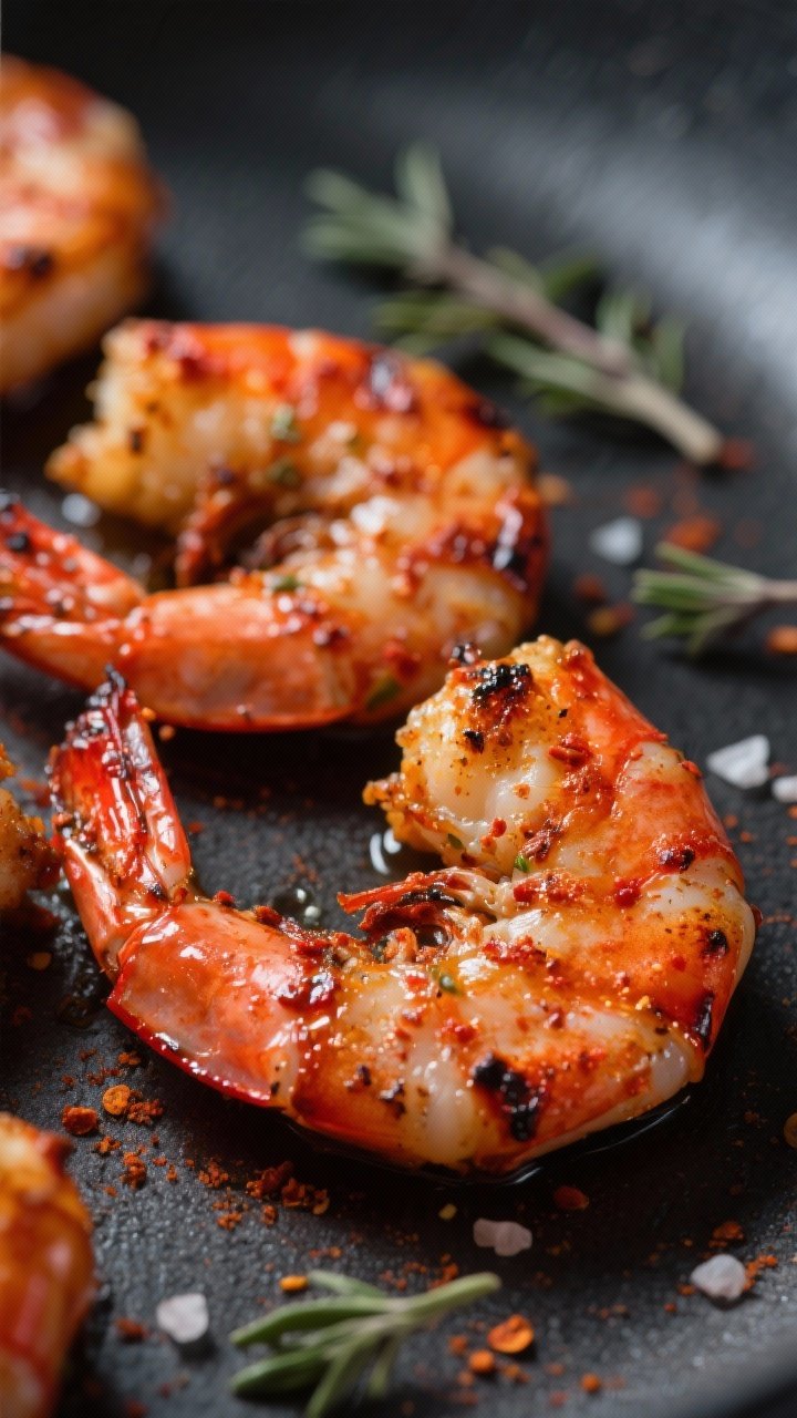 Close-up detail: Cajun-seasoned grilled shrimp just off the skillet, glistening with a light oil she
