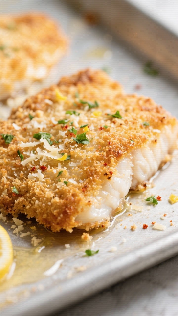 Close-up detail: Crispy Parmesan-crusted tilapia just out of the oven, golden-brown crust with visib