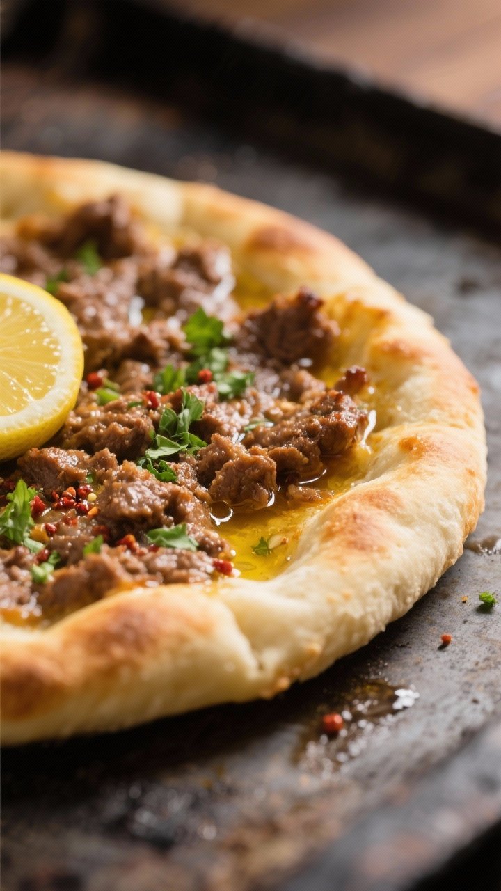 Close-up detail: Freshly baked lahmajeen fatayer just out of the oven, golden edges with a tender, p