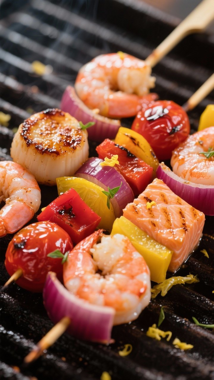 Close-up detail: Glazed, char-kissed seafood skewers just off the grill, featuring pink-opaque shrim
