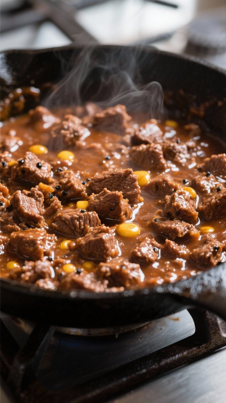 Close-up detail: Glossy, simmering Sloppy Joe beef in a skillet right after sauce is added, chunks o