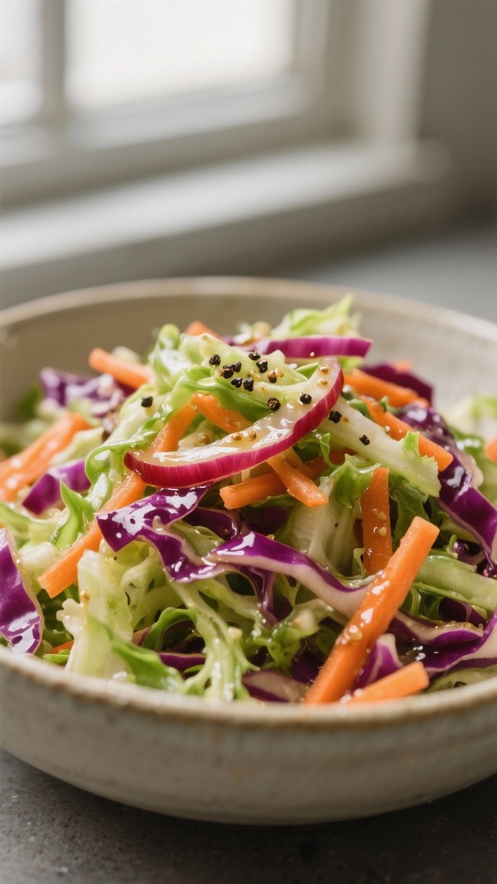 Close-up detail: Glossy vinegar coleslaw just after tossing, fine shreds of green and red cabbage wi