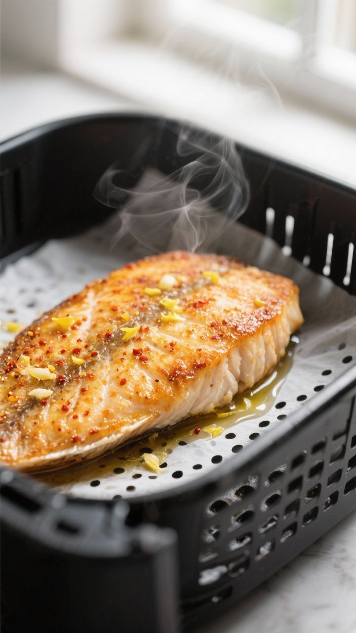 Close-up detail: Golden-brown air-fried tilapia fillet just out of the basket, edges lightly crisp w
