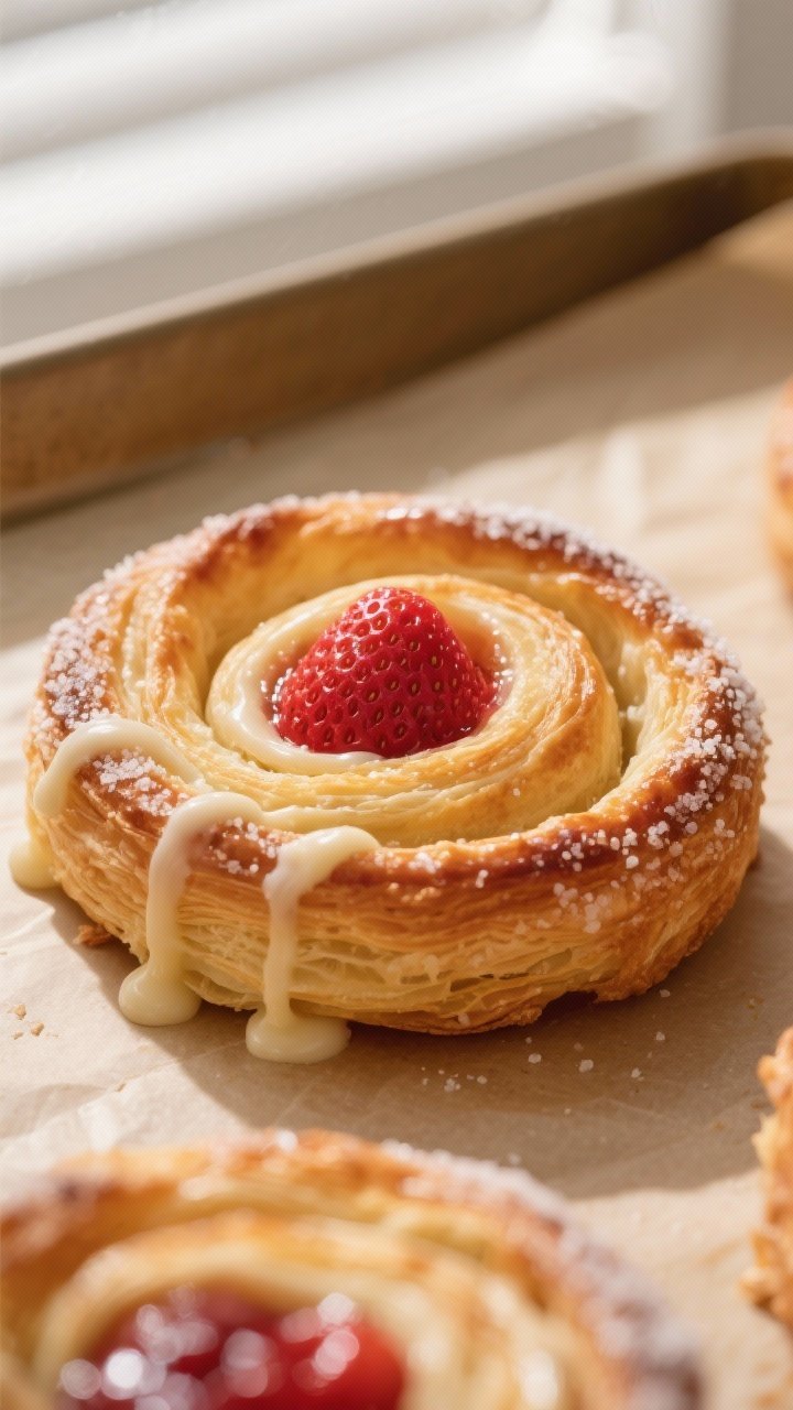 Close-up detail: Golden-brown strawberry Danish pinwheel fresh from the oven, glossy ruby-red strawb