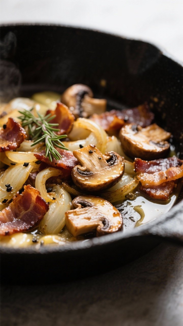 Close-up detail: Golden-browned mushrooms and bacon lardons mingled with softly caramelized onions i