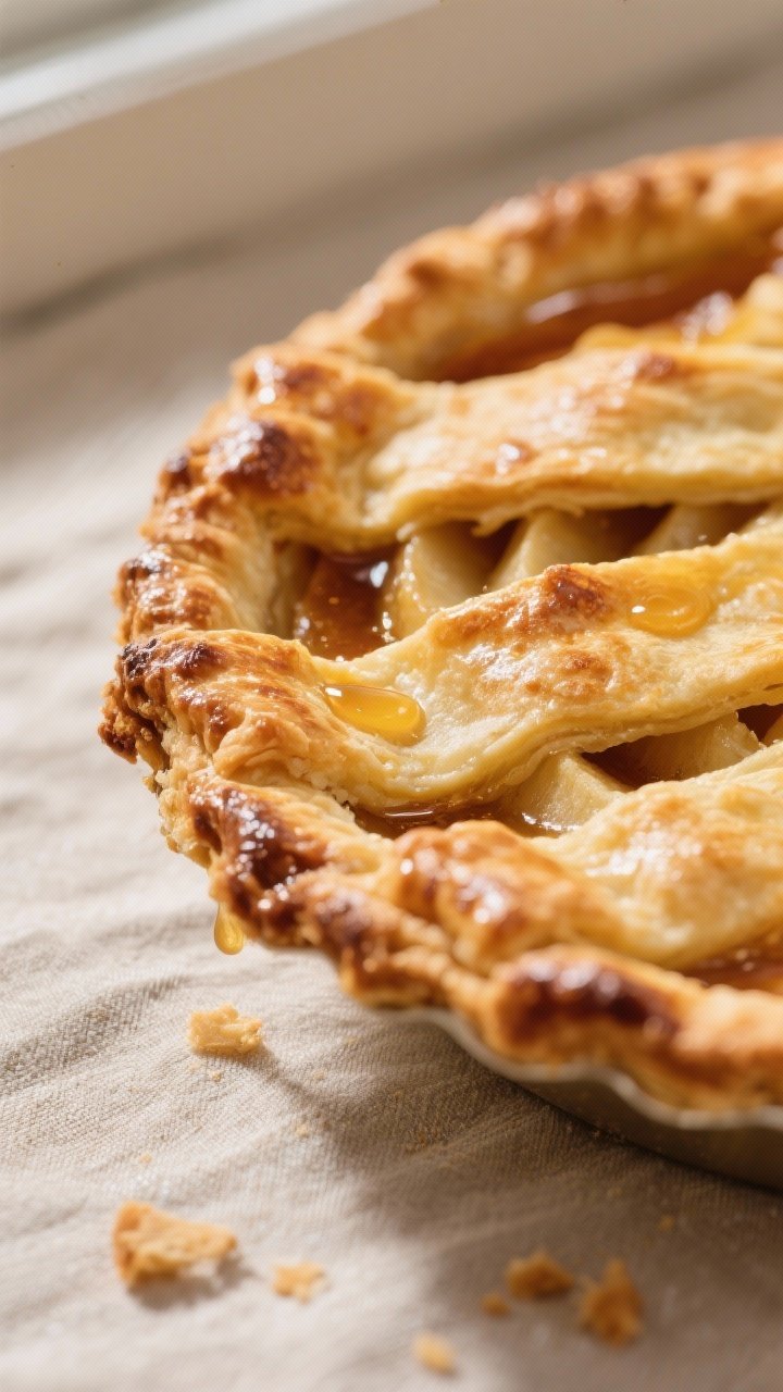Close-up detail: Golden, flaky double-crust apple pie edge just out of the oven, showing deeply brow