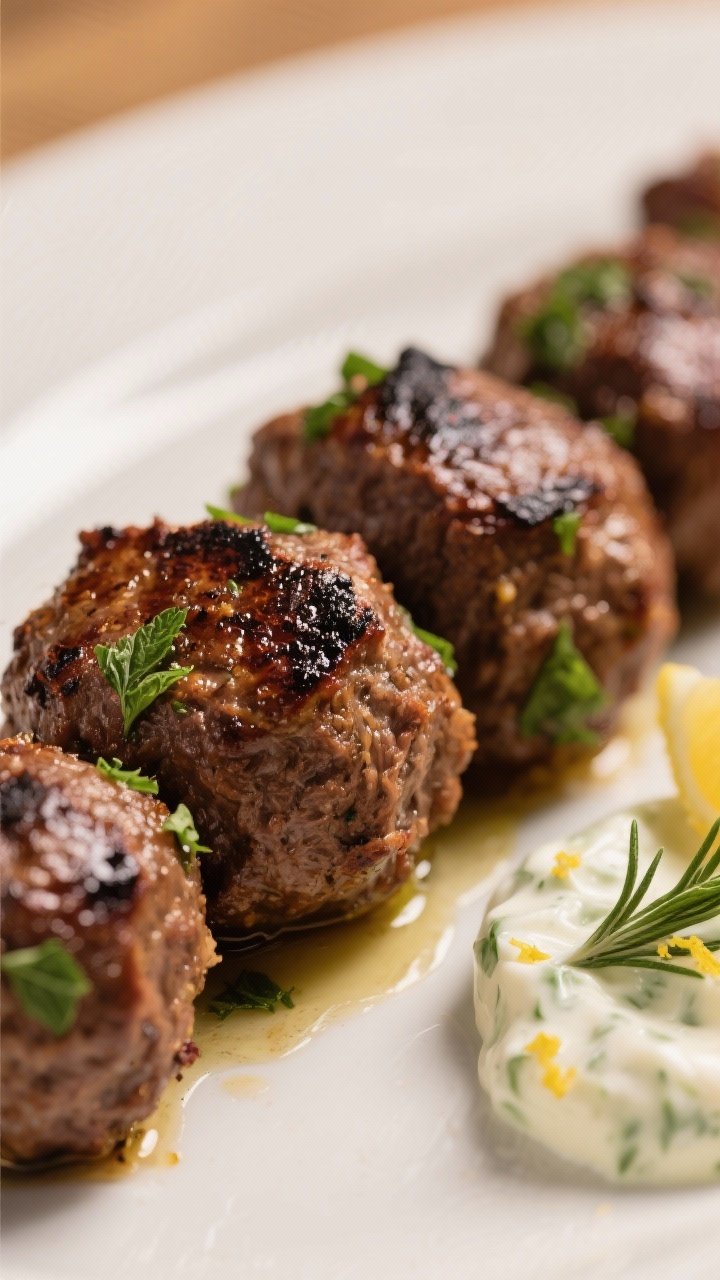 Close-up detail: Juicy beef kofta kebab just off the grill, deep brown crust with light charring and