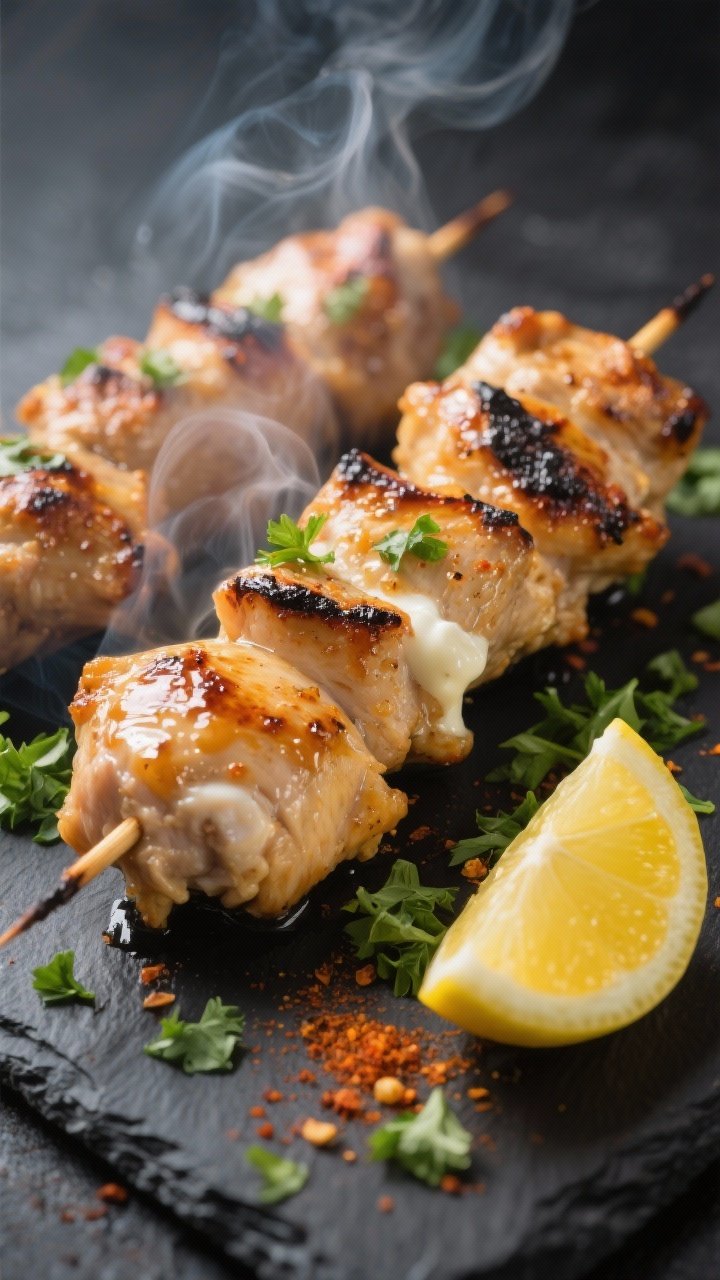 Close-up detail: Juicy chicken thigh skewers just off the grill, charred edges with glistening caram