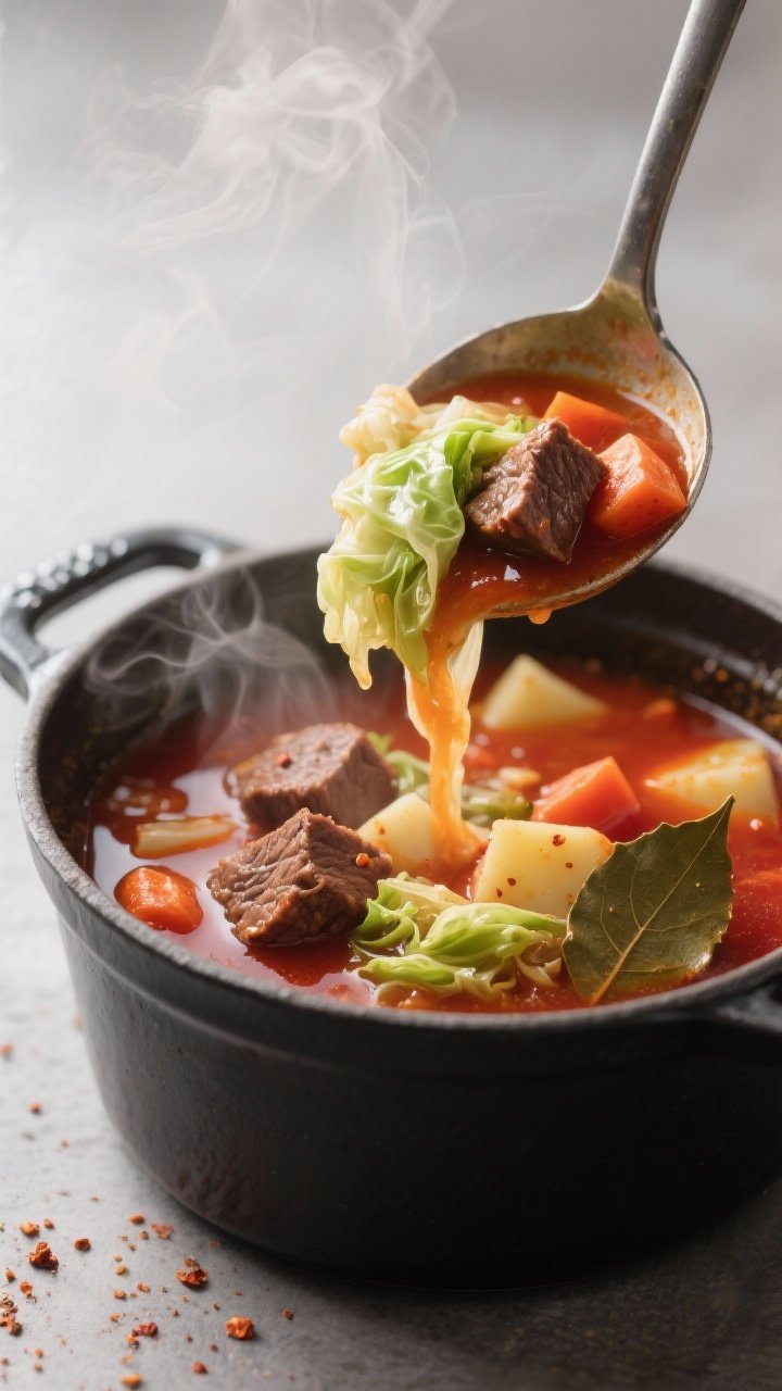 Close-up detail: Ladle pouring hearty cabbage beef soup back into a simmering pot, showing tender br