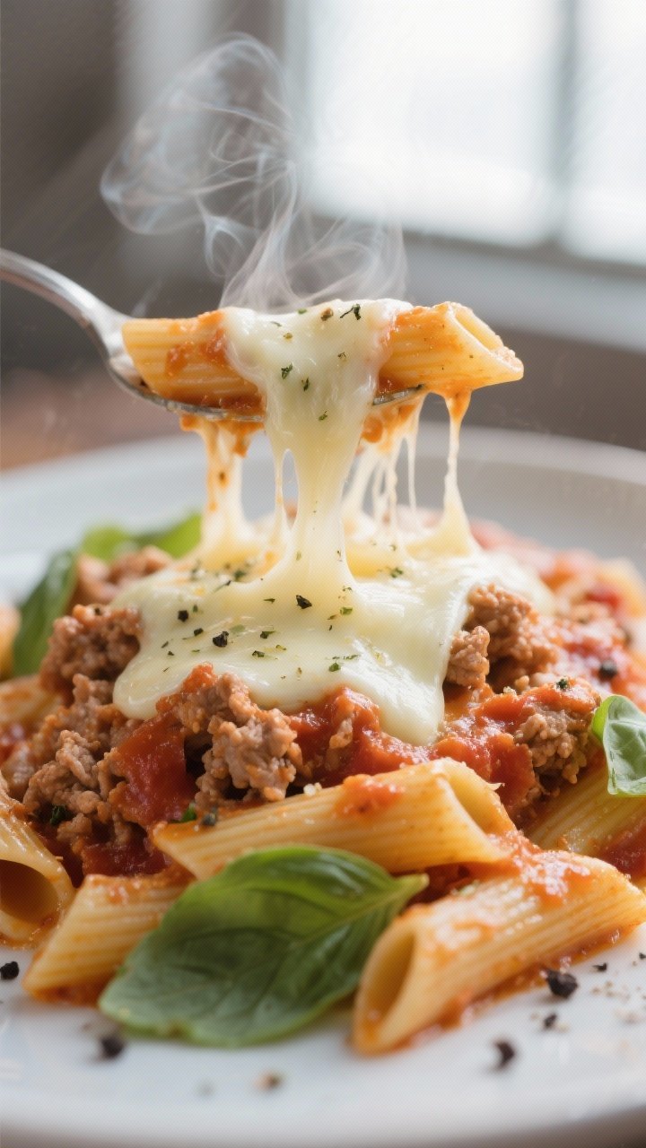 Close-up detail: Melted mozzarella blanket on creamy tomato ground turkey pasta, gooey cheese pull s