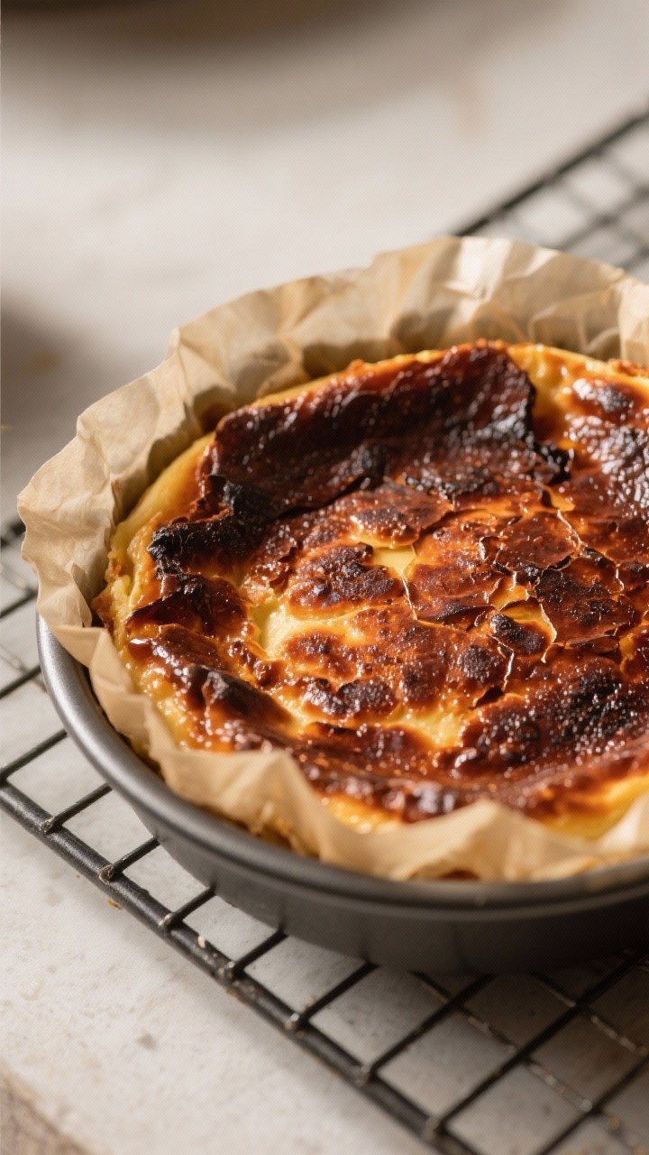 Close-up detail of a freshly air-fried Burnt Basque Cheesecake still in its crumpled parchment-lined