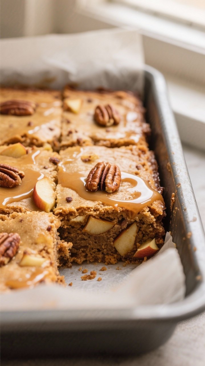 Close-up detail of freshly baked maple glazed apple blondies just out of the pan, edges lightly gold