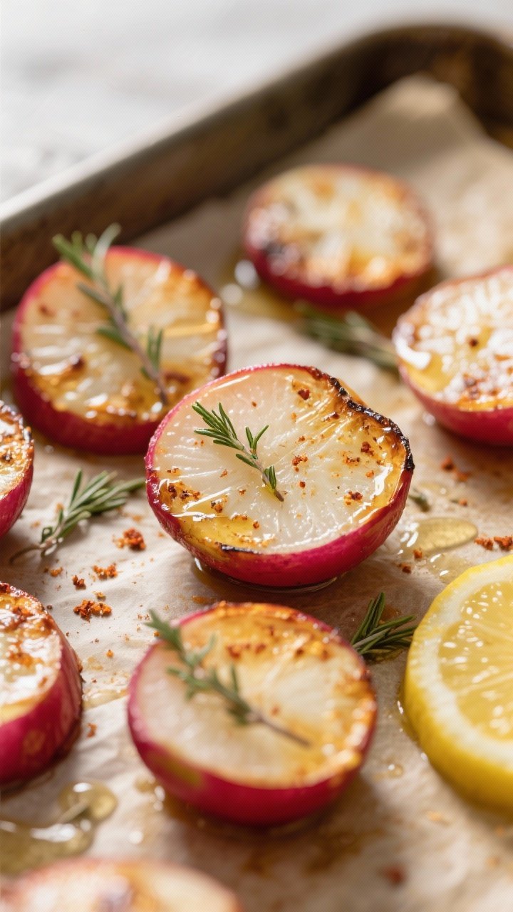 Close-up detail of roasted radishes just out of the oven: halved radishes with golden, caramelized e