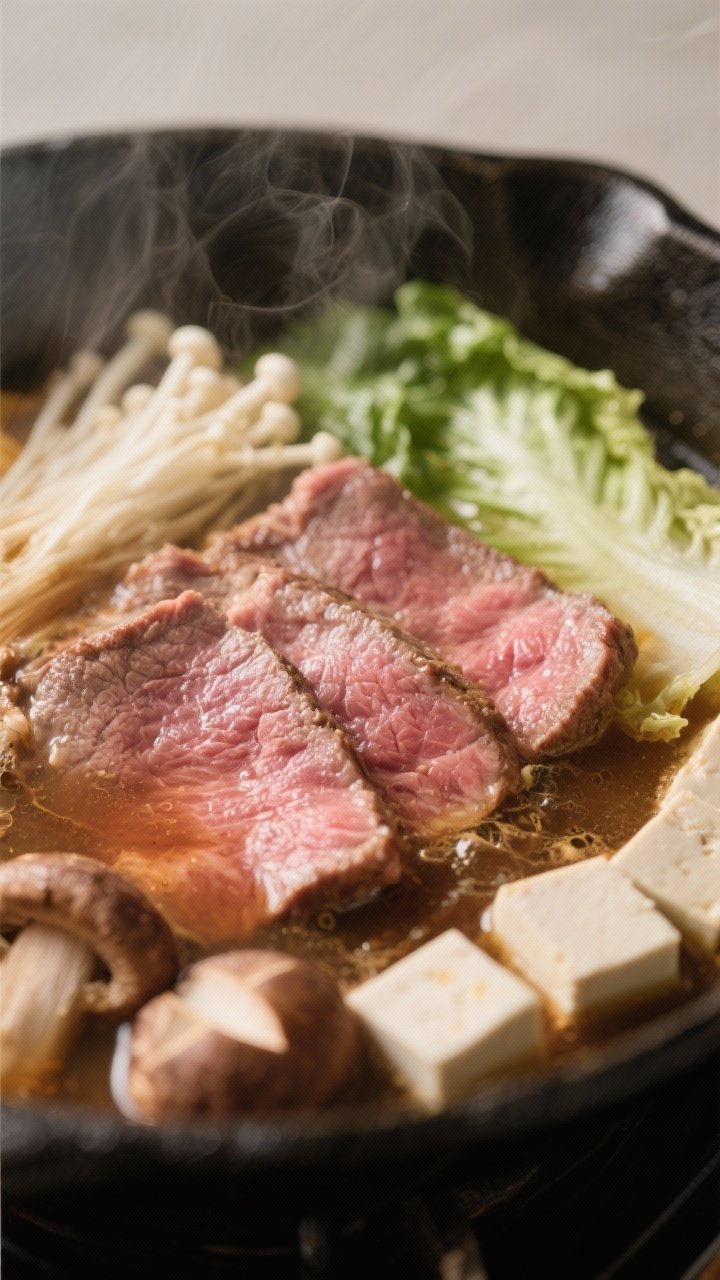 Close-up detail: Paper-thin slices of cooked sukiyaki beef being swished in a gently simmering waris