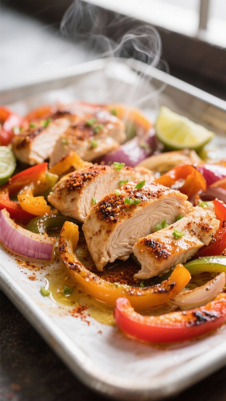 Close-up detail: Roasted chicken fajita strips nestled with caramelized tri-color bell peppers and t